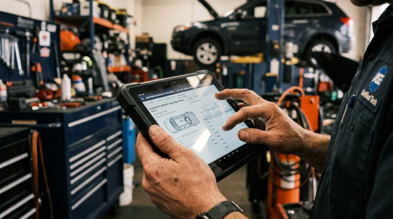 Technician creating a smart digital labor estimate on a tablet