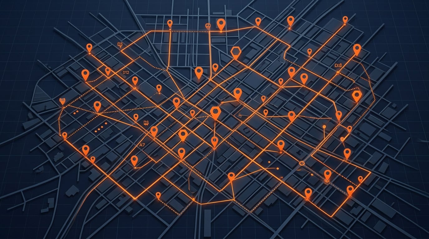 Dispatch routing map with technician route pins