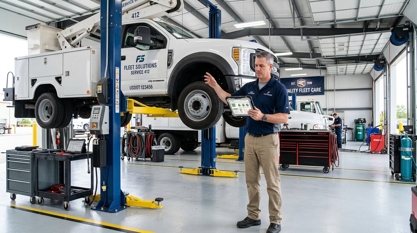 Fleet manager inspecting commercial trucks with a tablet